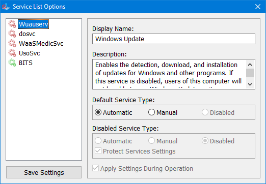 Wub service list options